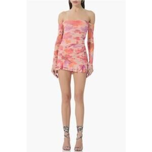 AFRM Adrian Ruched Off Shoulder Long Sleeve Minidress in Nude Marble Floral Sml